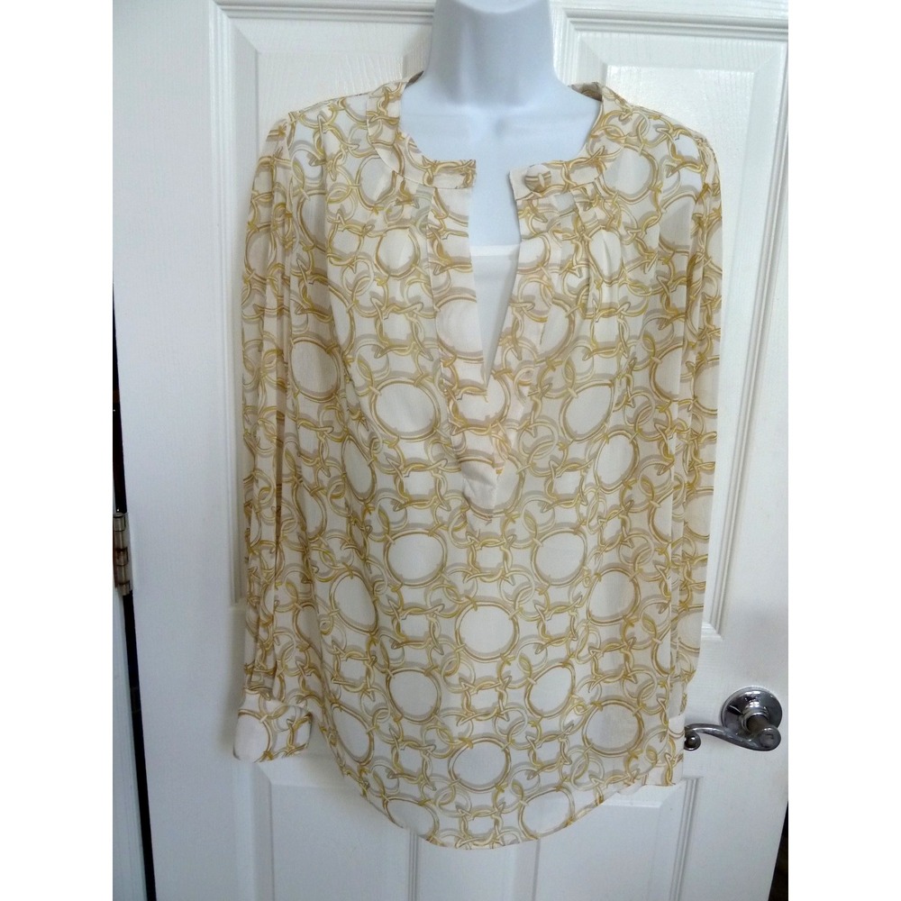 New York & Co Women Sz 8 Sheer Blouse W/Cami Career Office Chain Print V-Neck